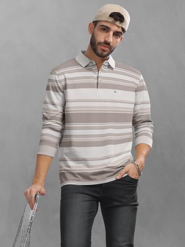 Image of BULLMER Striped Textured Printed Polo Neck Fullsleeve T-Shirt with Rib for Men
