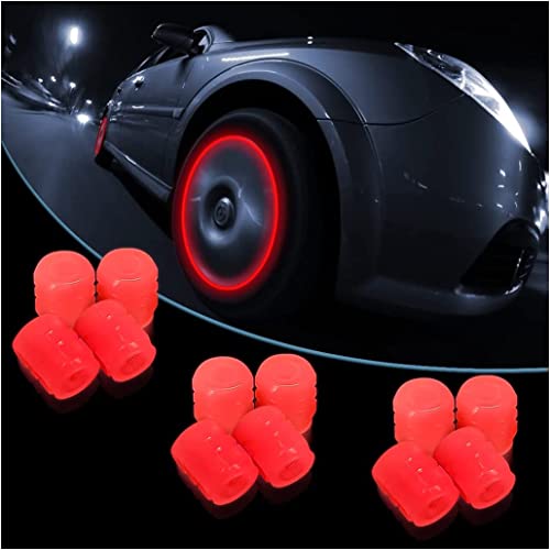 Bouchon Valve Pneu Voiture Fluorescent, 12 Pcs Lumineux Valve Pneu Voiture avec Lumineux Couverture, Accessoire Universel pour Camions, SUV, Motos(Rouge)