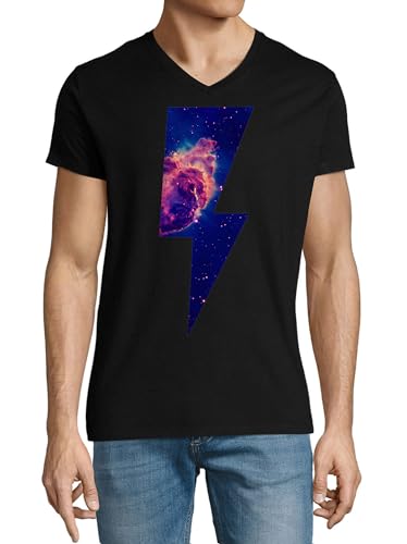 T-shirt éclair galaxie homme col V noir vêtement coton motif espace artistique original