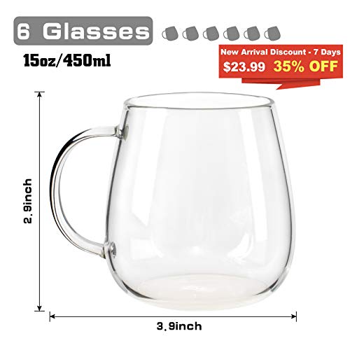 Farielyn-X Glass Coffee Mugs Set of 6, Microwave Safe Borosilicate Glass Cups, 15 Ounce Large Mugs Gifts for Family, latte, Chocolate & Beverage, Mocha, Cappuccino, Tea and Water, Clear Drinking Cups