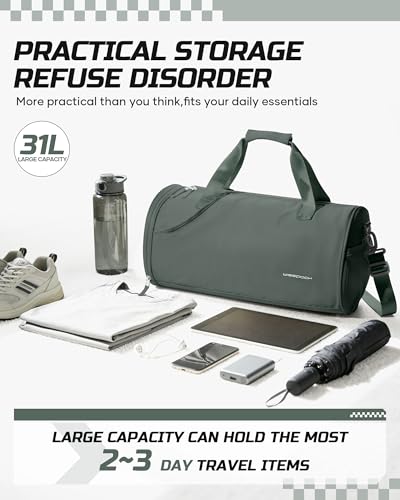 Image of Gym Bag for Women & Men with Wet & Shoe Compartment, Small Duffle Bag for Travel, Sport, Gym, Workout, Overnight, Weekender, Carry-on - Dark Green