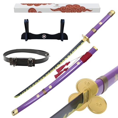 Hashiman Katana One Piece - Réplica Sable Manga Anime + Soporte Espada de Madera + Cinturón - Juguete Cosplay Catana Japonesa Niños Adultos - Juego Disfraces Ninja (Roronoa Zoro Enma Morada)
