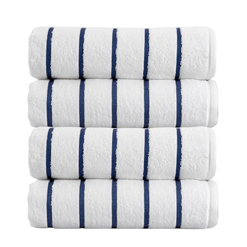 GT Globaltex Fine Linens 4 Pack Premium Turkish Cotton Towel Set - Hotel Quality Bath, Beach, and Pool Towels (460 GSM) for Spa-Like Luxury (Blue Stripes, 32