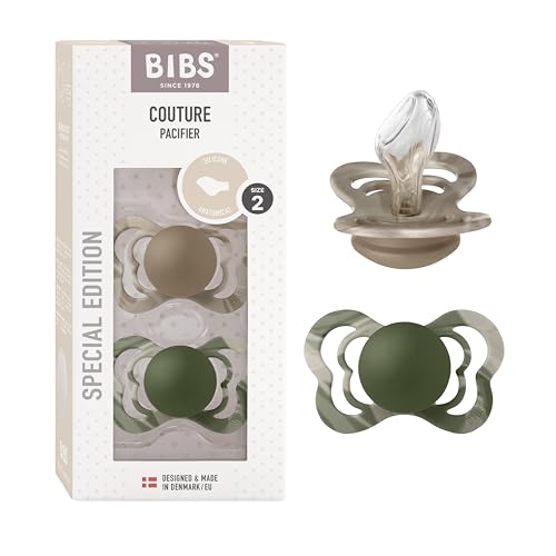 Image of BIBS Pacifiers - Couture Collection | BPA-Free Anatomical Nipple | Silicone | Made in Denmark | Set of 2 Hunter Green/Sand Color Premium Soothers | Size 6-18 Months