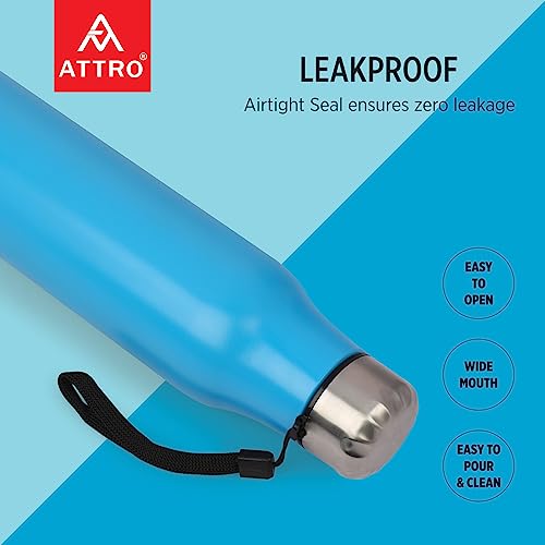 Image of ATTRO Slim Stainless Steel Single Wall 1000ml Water Bottle, Light Weighted Leak -Proof Use for Office, School, Outdoor & Gym - Blue