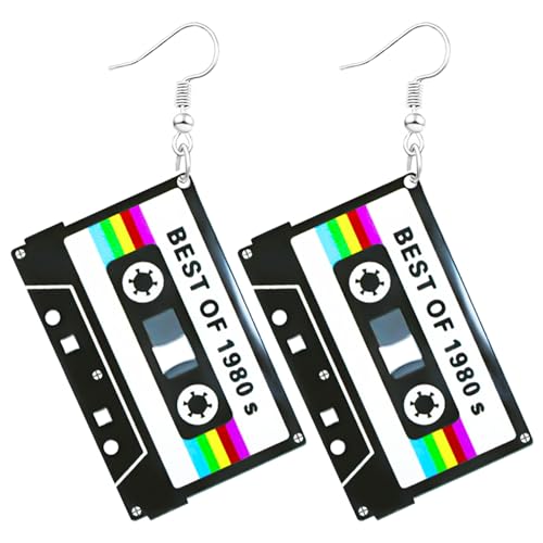 70s 80s 90s Earrings for Women Retro Cassette Tape Earrings Acrylic Radio Tape Drop Dangle Earring for Halloween Cosplay Glow Party Music Festival Costume Accessories