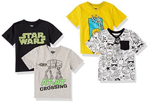 Amazon Essentials Disney | Marvel | Star Wars Toddler Boys' Short-Sleeve V-Neck T-Shirts (Previously Spotted Zebra), Pack Of 4, Star Wars Print/Doodles, 4T #TOP15