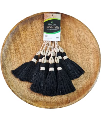 Image of Zippy Flora Handmade Cotton Tassels with Cowrie Shells for DIY & Crafts Project, Pack of 10 (Black)