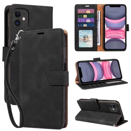JHWVVTF for iPhone 11 Case Wallet [RFID Blocking 4 Card Slots] Phone Stand Wrist Strap Magnetic Closure Soft Leather Shockproof Protective Flip Cases Cover (Black)