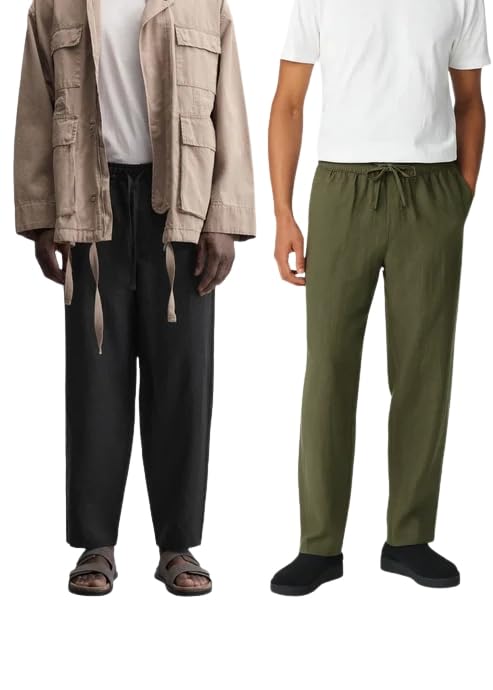 Men’s Cotton Linen Pajama Pants Combo Pack of 2 – Olive & Black Relaxed Fit Lightweight Breathable Lounge Bottoms with Elastic Waist & Adjustable Drawstring for Sleepwear, Home Wear-image-41