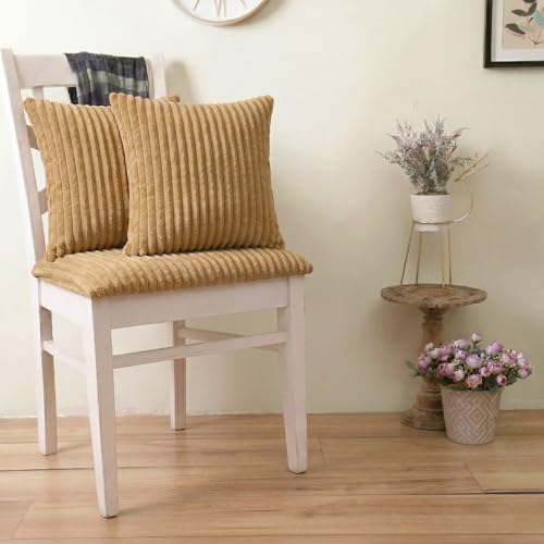 Image of Yellow Weaves Pencil-Stripe Fur Cushion Covers | Soft Polyester | Decorative Sofa & Throw Pillow Covers | 16x16 Inches, Pack of 2 (Golden Brown)