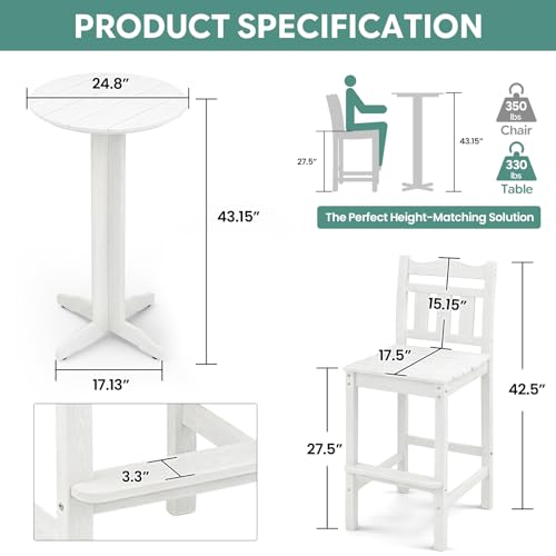 Image of Outdoor Bar Stools Set of 2, HDPE Tall Adirondack Bar Chairs 27.5 Inch Seat Height w /Backrest, All Weather Patio Bar Height Chairs for Bistro Balcony Deck Poolside (White)
