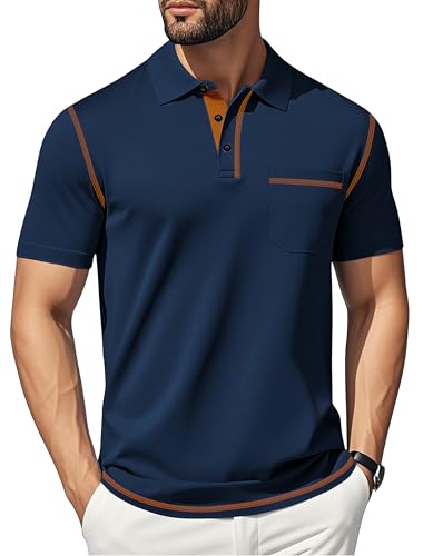 TRFIC Men's Casual Polo Shirts Shorts Sleeve Summer Shirt Classic Collared Button Golf Shirts with Pocket Navy