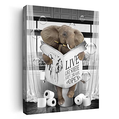 Bathroom Wall Decor Black and White Farmhouse Bathroom Wall Art Funny Elephant Reading The Newspaper On Toilet Painting Picture Canvas Print Framed Artwork for Washroom Restroom Bathroom Decor 16"x20"
