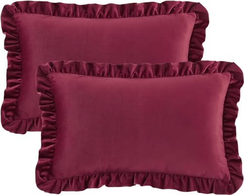Image of Amazon Brand - Umi Velvet Wine 12x20 Pillow Covers, Set of 2 Decorative Ruffle Cushoin Pillow Covers for Sofa Couch