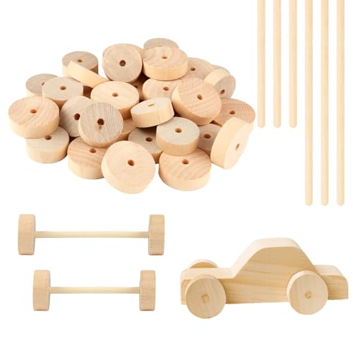 Xishoyen 40 Stück Holzrad Holzstäbe Set, Unfertige Holzräder, 2,8 cm und 3,5 cm Holz-Bastelräder mit Holzstäbchen, Mini Holzscheibe mit Löch für DIY Handwerk Malerei Basteln, Modellautos