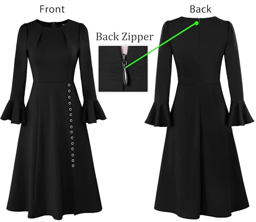 VFSHOW Womens Pleated Crew Neck Bell Sleeve Pockets Front Slit Buttons Business Work Office Slim Fit and Flare A Line Dress4