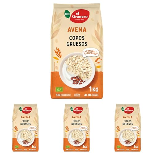 El Granero Integral - Copos Gruesos de Avena Bio Ecológica - 1000 g - Alto Contenido en Fibra y Proteínas - Aporta una Dosis Extra de Energía (Paquete de 4)
