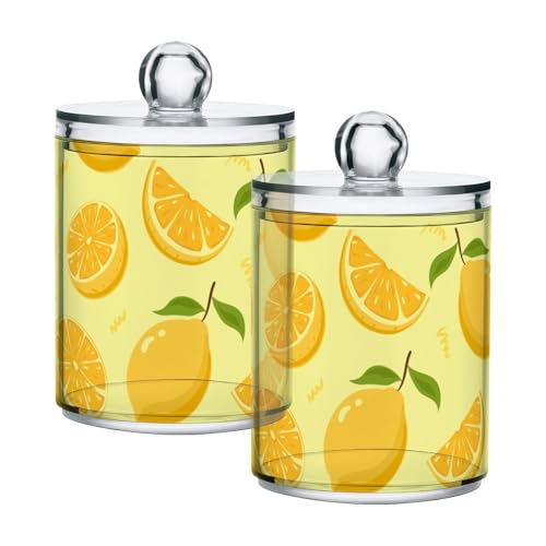 JJoias Fruit Lemon Pattern Qtip Holder Dispenser, Apothecary Jars, Cotton Balls Pads Swabs Holder Jar, Organizers with Lid, 2 pack