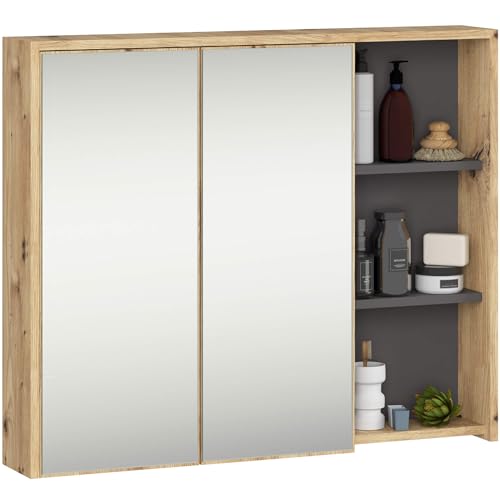AKORD Armoire de Salle de Bain Miroir VAMI 90 cm - Rangement Mural 2 Portes 6 Étagères - Meuble avec Compartiments Ouverts - Miroir Rangement SDB - 90x75x15...