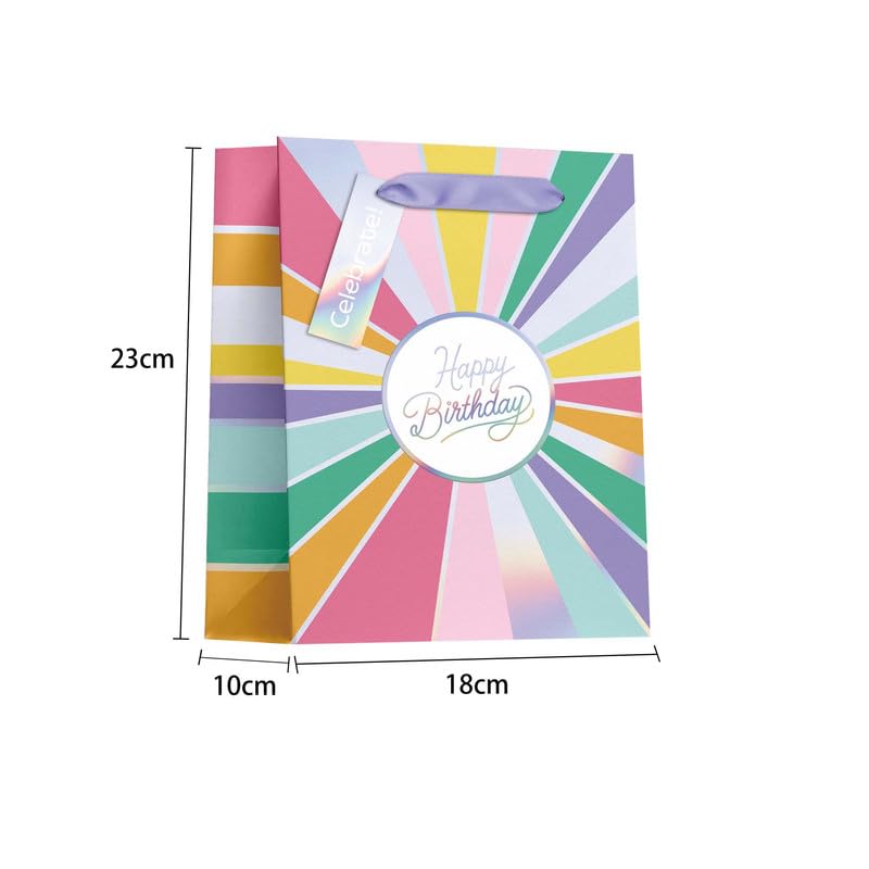 PaperPep Sacchetti di carta colorati per regali di compleanno della serie speciale, piccoli (22,9 x 17,8 x 10,2 cm), 220 g/m², etichette regalo attaccate, ideali per regali di ritorno, matrimoni