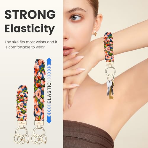 Image of Scrunchie Keychain Wristlet, Key Chain for Car Keys with D Ring, Stretchy Phone Charms with Tether Tab for Women.