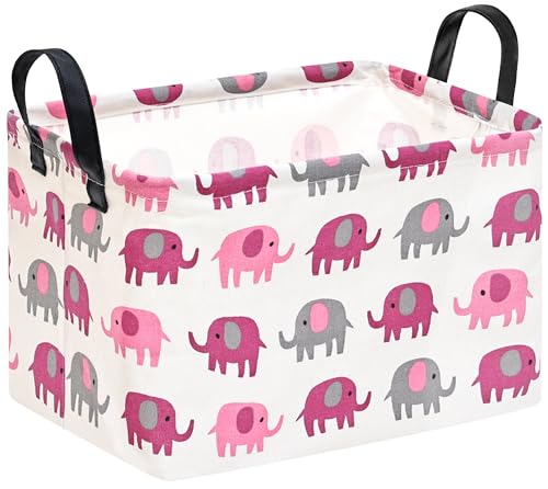 Image of Baby Storage Basket Nursery Box Laundry Hamper Organization Bins for Toys and Clothes with Handles (Pink Elephant)