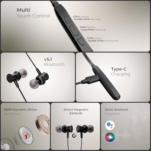 Image of Kratos N1 Neckband Bluetooth Headphones with 30 Hours Playtime with 13mm Drivers, Rich Music Experience, Type C Fast Charging, Neckband Earphones with Voice Assistant & IPX4 Water Resistant