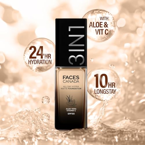 Image of FACES CANADA All Day Hydra Matte Foundation | 3-in-1 Foundation + Moisturizer + SPF 30 | 24 HR Aloe Hydration & Vitamin C | 10HR Long Wear | Medium to High Buildable Coverage | Golden Beige 032 | 30ml