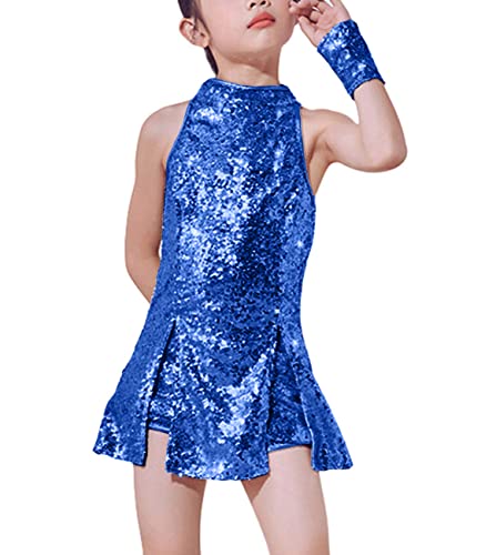 LOLANTA Traje de Baile de Lentejuelas para Niñas Ropa de Baile de Hip Hop Conjunto de Traje de Vestido de Baile Brillante, Azul, 6-7 años, 130