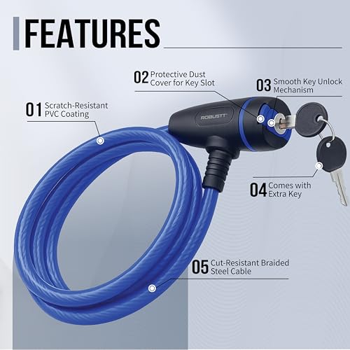 Image of Robustt Braided Steel Cable Lock with Keys - 0.65m Long, 10mm Thick PVC Coated Cut-Resistant Cable | Dust Cover Key Slot | Extra Key Included | Anti-Theft Cable Lock- Blue