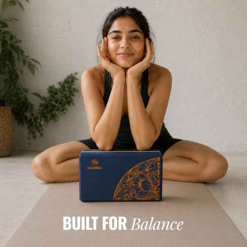 Image of WiseLife Printed Yoga Blocks | Yoga Brick (Pack of 2, Extra Large Size), High-Density EVA Foam Soft Surface for Balance, Support & Performance, Strength Training Exercise (Navy Blue)