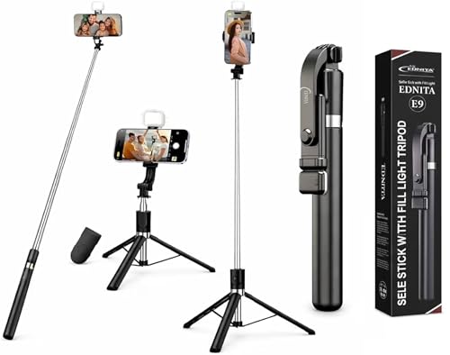 Image of EDNITA E9 Selfie Stick Tripod With Light, 67 inch /170CM Reinforced Tripod for Mobile Phone, Multi-Functional Bluetooth Long Selfie Stick for Travel,Vlogging,Compatible with iPhone and All Smartphones