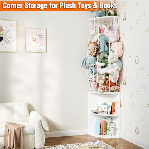 Image of 74.7 inch H Stuffed Animal Storage with 2-Tier Corner Bookshelf - Wall Mount Height Adjustable Plush Toy Organizer, Wooden Kids Bookshelf for Small Spaces Nursery Playroom Kids Room, White
