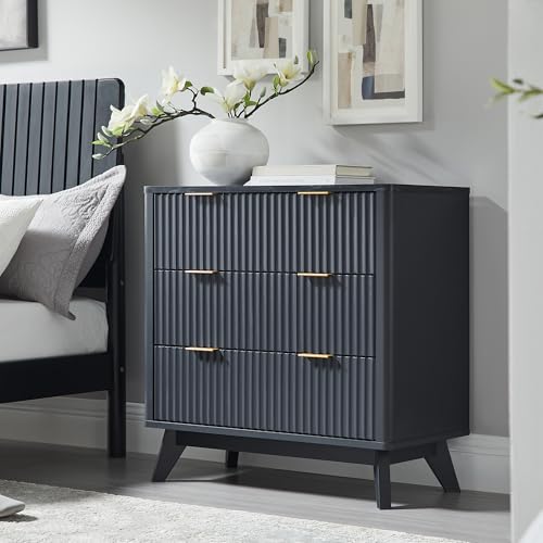 Image of T4TREAM Fluted 3 Drawer Dresser, 32 inch Tall Modern Chest of Drawers with Faux Marble Top, Curved Profile Design, Wood Drawer Organizer for Bedroom, Living Room, Hallway, Entryway, Dark Grey