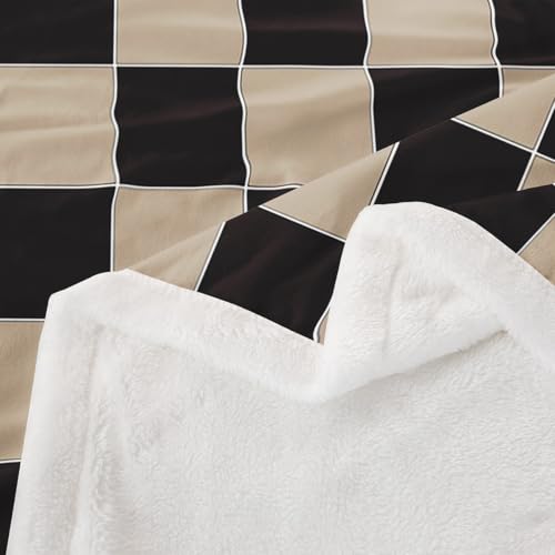 Image of Erosebridal Geometric Plaid Throw Blanket Twin 60 inchX80 inch Beige Black Brown Checkerboard Sherpa Blanket Checkered Grid Fleece Bed Blanket for Kids Boys Men,Modern Aesthetic Flannel Blanket