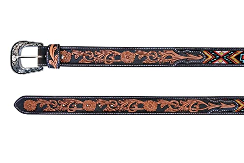 Western Beaded Belt Genuine Leather Floral Tooled Beaded Belt 30AB0042