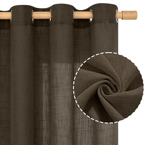 Image of LAMIT Brown Linen Curtains 63 Inch Length for Bedroom, Chocolate Semi Sheer Window Drapes Light Filtering Bronze Grommet Panels for Living Room /Farmhouse, 2 Panels, Dark Brown, 52 x 63 Inch