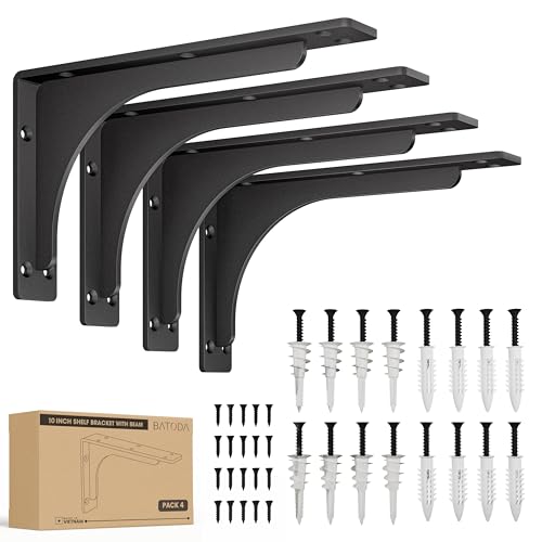 BATODA 10" x 6" L Bracket with Beam - Shelf Brackets Black 300 Lbs Capacity - Heavy Duty Shelving Brackets for Floating Shelves - Wall Mounted Support for DIY – Mounting Hardware Included (Pack 4)