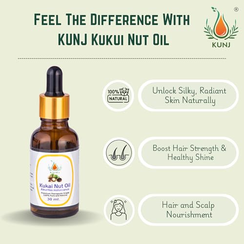 Image of KUNJ Kukui Nut Oil (Aleurites moluccanus) 30ML - 100% Pure & Natural, Cold Pressed, Undiluted - Therapeutic Grade Carrier Oil for Skin Care, Hair Nourishment & Hydration