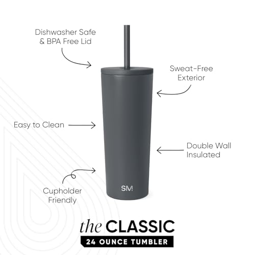 Image of Simple Modern Classic Tumbler with Straw Lid | Insulated Iced Coffee Cup Reusable Stainless Steel Water Bottle Travel Mug | Gifts for Women Men Her Him | 24oz | Graphite