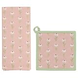 Boston International Kitchen Cotton Dish Tea Towel & Pot Holder, Set of 2, Pink Daisy