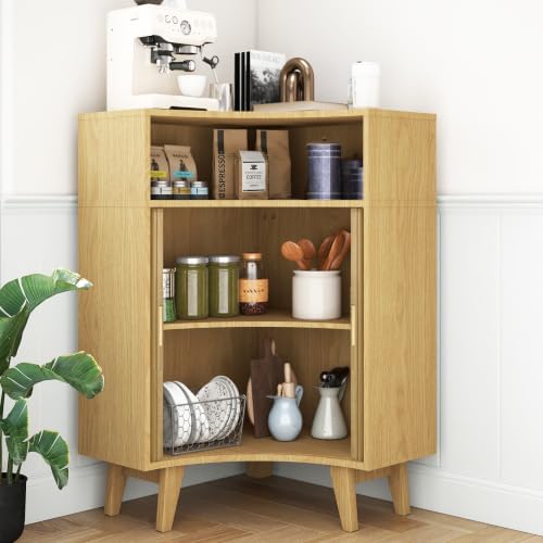 Image of Fluted Corner Cabinet with Open Storage, Modern Floor Cabinets with Sliding Doors and 2-Tier Shelves, Freestanding Narrow Organizer for Small Space,Living Room, Dining Room,Natural