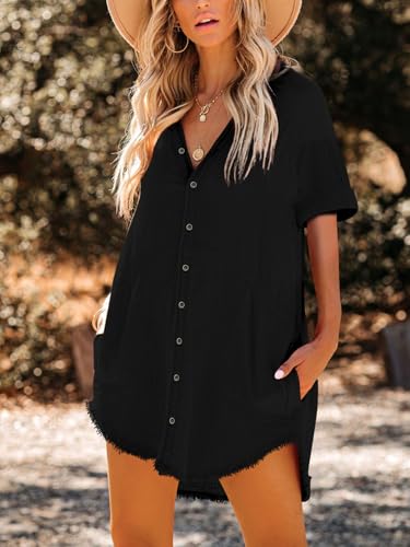 Paintcolors Women's Cotton Button Down Shirt Short Sleeve Dresses Tunics Oversized Beach Cover up Blouse Tops with Pockets3