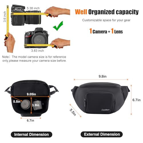 Cwatcun Waterproof Camera Waist Bag Compact Camera Case, Lightweight Portable Fanny Pack, Daily Carry Storage Case Crossbody Bag for Canon, Nikon, Sony, Fuji DSLR/SLR/Mirrorless Camera, Lens, Black by Cwatcun - Image 8
