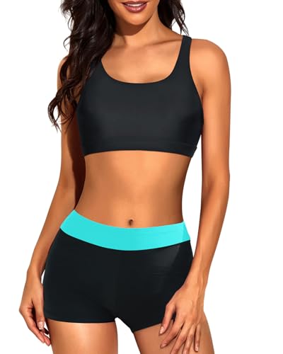 Image of 3 Piece Tankini Long Sleeve Swimsuits Athletic Rash Guard Bathing Suits | Modest,Full Coverage,High Waisted Short,Quick Dry,Criss Cross Back