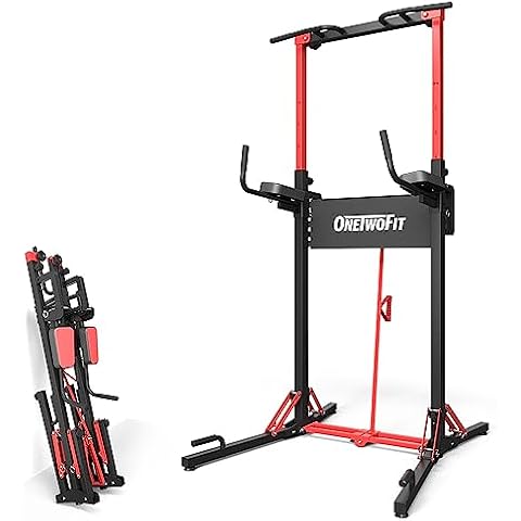 ONETWOFIT Power Tower Pull Up Bar Station, Multi-Function Adjustable Height Foldable Dip Station for Home Gym Workout, Heavy Duty Strength Training Fitness Equipment, Pull Up Stand 400LBS Cover