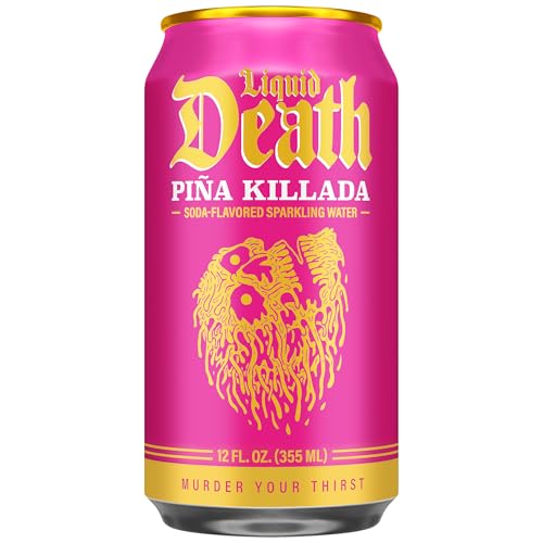Image of Liquid Death Soda-Flavored Sparkling Water - Pina Killada (Classic Pina Colada), Less Sugar*, Huge Flavor, No Caffeine, No Artificial Sweeteners, 12 Fl Oz (Pack of 12)