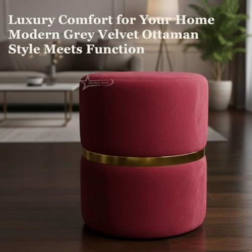 Image of Round Single Strip Upholstered Stool Living Room Foot Rest Linen Fabric Padded Seat Pouf Ottoman Office Stool RED