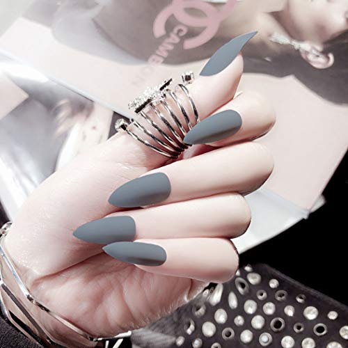 Handcess Stiletto Kunstnägel, matt, lang, grau, zum Aufdrücken, für Damen und Mädchen (Grau)